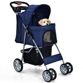 Simple Design Foldable 4-Wheel Pet Stroller With Storage Basket (Color: Navy, Type: Pets)